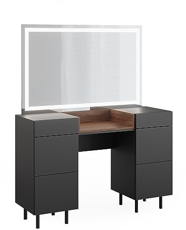 Vicco Schminktisch Anika, Kosmetiktisch mit Spiegel, Anthrazit/Nussbaum, 120 cm mit LED-Spiegel