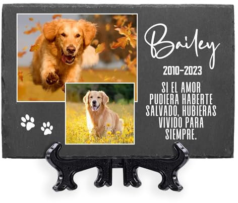 AIGAT Placa Conmemorativa Grande Personalizada de 7.8 x 11.8 / 20 x 30 cm con Nombre, Fecha, Foto y Soporte para Mascota, Gato, Perro, Pizarra, Marcador de Tumba - Dos Fotos