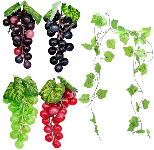 Fahibin 6pcs Raisin Artificiel,4 Faux Raisin Raisins Artificiels+ 2 décorations en Vigne, décorations de Raisin artificiels,pour Cuisine Jardin Fête de Mariage Decor Accessoires