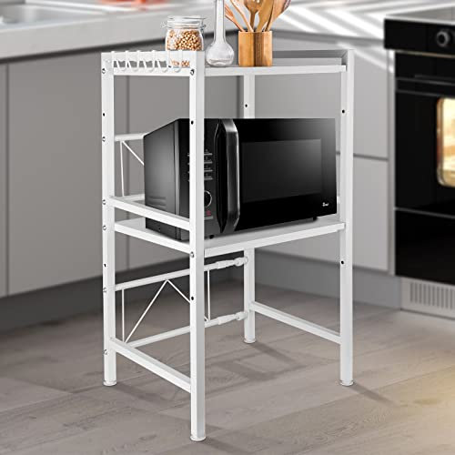 HUOLE Mikrowellen Regal, Ofengestell, 2-lagiges Erweiterbares Mikrowellenständer, Mikrowellenhalter Organizer, Küchenregal Stehend, Arbeitsplatte Küche mit Haken-40/64 * 36,5 * 78cm – weiß