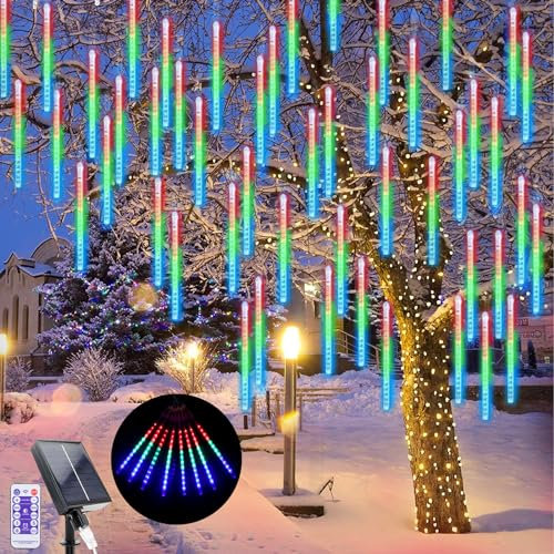 LED Solar Fallende Weihnachtsbeleuchtung, 240 LEDs Meteorschauer Regen Beleuchtung Schneefall Lichter, 10 Röhren 30cm Wasserdichte Weihnachten Lichter für Xmas Baum Hochzeit Dekoration (Farblig)