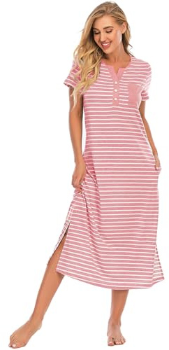 Jlowesun Cotton Long Nightdresses for Women UK Maternity Nightie Nightshirt | Stripes Short Sleeve Button Up Ladies Nightwear Hospital Labour Delivery Gown Nursing Night Sleep Dress Pyjamas with Pockets