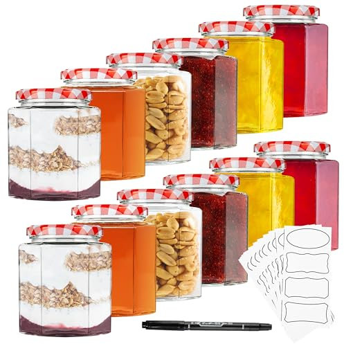DECO EXPRESS Bocaux en Verre pour Conserve et Stérilisation, Pot à Confiture en Verre avec Couvercle, Verre Transparent, Couvercle à Visser Étanche, Lot avec étiquettes (Rouge, Lot de 12, 500 ml)