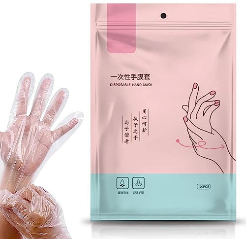 HawZeerLy 100 Pcs Disposable Gloves with 100 Stickers Disposable Plastic Polythene Gloves Disposable Plastic Gloves Transparent for Kitchen Cooking Cleaning Safety Food Handling