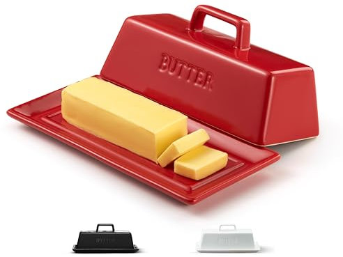 Butter Dish with Lid for Countertop, by Kook, Ceramic Dish Tray with Cover, Kitchen Keeper, Container, Holder, Holds 1 Stick, Microwave and Dishwasher Safe, Red