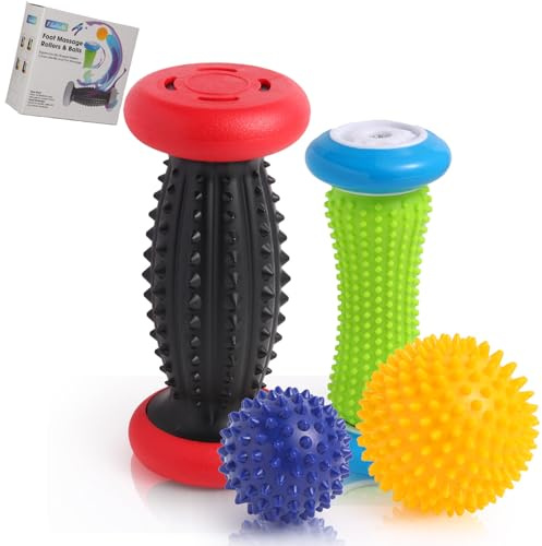 Igelball Fußmassage, EliaValth Fußmassageroller, Fussmassagegerät für Plantarfaszitis Erleichterung, Reflexologie Werkzeug - 2 Massageroller & 2 Massageball (Blau, Groß)
