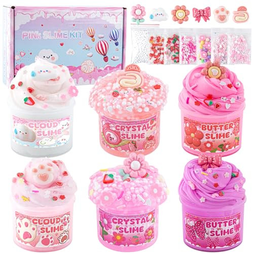 LAWOHO 6 Packs Gradient Pink Slime Kit - Cloud, Clear & Butter Slime Making Kit for Kids, Soft & Non Sticky Fluffy Slimes Kits for Girls & Boys with Cute Charms & Add-ins, 360ml Slimes Party Favors