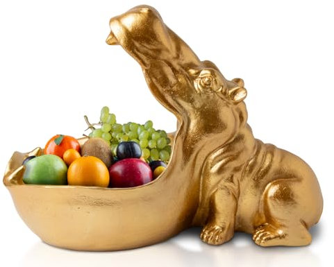Hip Hippo Figur aus Kunstharz - Funky Hippopotamus Skulptur mit offenem Schalen-Design für Snacks, Schlüssel oder Schmuckstücke - dekorativer Halter mit edlem goldenem Finish - verspielter Akzent für