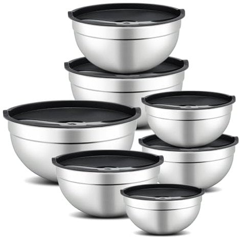 hunnycook 7 Piece Mixing Bowls Set with Lids, Stainless Steel Mixing Bowls for Prepping, Mixing and Storage Food, Kitchen Mixing Bowls Set -Size 0.7, 1.1, 1.5, 2.1, 3.5, 4, 4.5QT