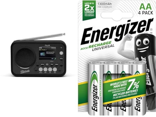 Roberts PLAY20 Compact and Portable DAB/DAB+/FM Digital Radio, Rubber-Protected, Full Colour Screen, Black & Energizer Rechargeable AA Batteries, Universal Double AA, Pack of 4