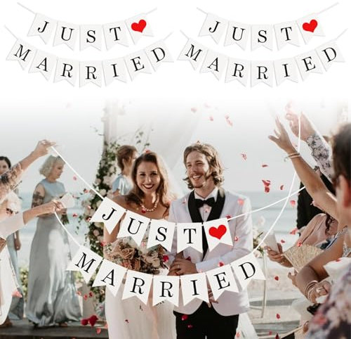 FUIPVGI 2 STÜCKE Just Married Girlande Frisch Verheiratet Banner Hochzeitsgirlande Deko Weiß Vintage Dekoration für Hochzeit Brautdusche Just Married Banner Poster Foto Photo Booth Fotografie (Weiß)