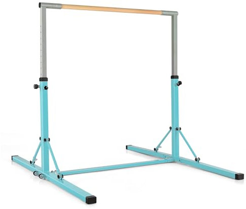 GYMAX Turnstange höhenverstellbar, Faltbare Übungsstange mit mobilen Rädern & rutschfeste Fußpolster, Turnreck bis 100 kg belastbar, Gymnastik Turnreck für Innen- & Außenbereich (Grün)