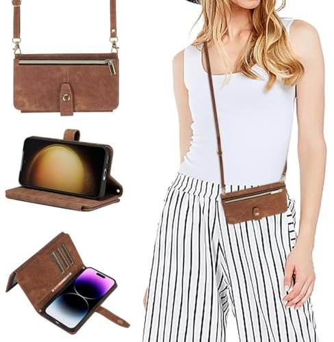 GoodcAcy Huawei P30 Pro Hülle mit Band, Leder Handytasche mit Praktischer Handykette und Kartenfächern - Umhängetasche Case, Braun