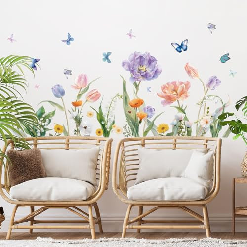 SHUCHING Adesivi Murali Tulipano Acquerello Rimovibili, Adesivi da Parete Fiori Colorata, Decorazione Murale Soggiorno Camera da Letto Divano TV