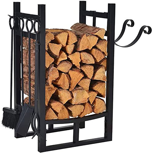 Estante para leña Estantes para leña Soporte para almacenamiento de troncos con estante para encender, Apilador de almacenamiento resistente con herramientas, Soporte para leña para chimenea, patio,