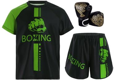 Miutii 3tlg.Kinder Jungen Trainingsanzug Boxing Kleidung Muay Thai Short Kickboxen Kurze Hose + T-Shirt + Boxhandschuhe Thai MMA Kampfsport Training Sport Set