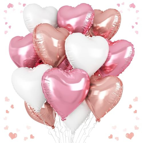 Pink White Heart Balloons, 18 Inch White Rose gold Heart Shape Balloon, 12PCS Pink and Rose Gold Helium Foil Heart Balloon for Birthday Baby Shower Engagement Wedding Valentine Party Decoration
