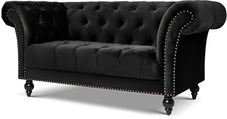 Bravich Chesterfield Velvet Sofa, Black 2 Seater Sofa for Living Room Furniture, Classic Button Back Settee with Rolled Arms, Solid Wood Frame, 170cm x 58cm x 82cm