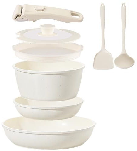 Ceramic Cookware Set Non Stick 8Pcs Pots and Pans Set Detachable Handle Induction Kitchen Cooking Set with Frying Pans Dishwasher/Oven Safe, PFAS/PFOA Free, Cream White