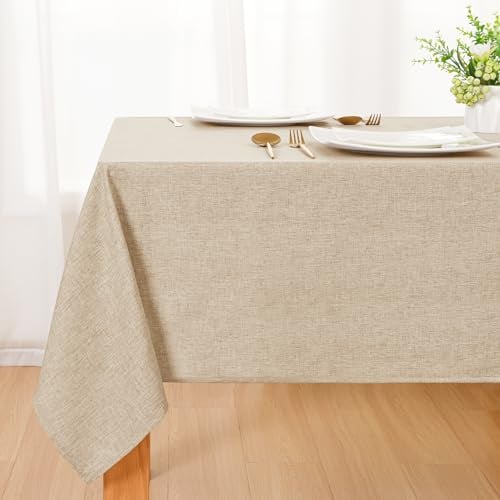 DWCN Leinen Beige Tischdecke Abwaschbar, Tischwäsche Leinenoptik 140x240cm | Weiche Tischtuch Wasserabweisend Tischdecke Outdoor Wetterfest für Wohnzimmer, Esszimmer, Balkon, Garten, Hochzeiten