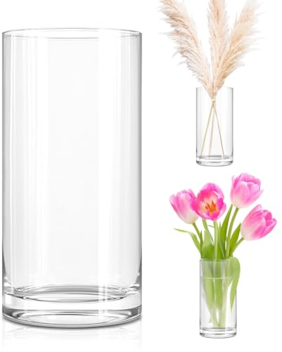 LOMUG Glasvasen, 25cm Hohe Zylindrische Vase Modern Blumenvase Glas, Glasvase Zylinder Rund Gross Vasen Deko für Tischdeko,Glaszylinder mit Boden Zylindervase für Party-, Hochzeits-, Bankettdekoration