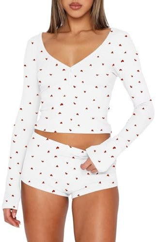 BONITEE Womens PJs Cute Fall Clothes 2 Piece Sets Casual Y2k Tops Shorts Pyjamas Two Piece Set 2025 Trendy Outfits White-Red Heart,M