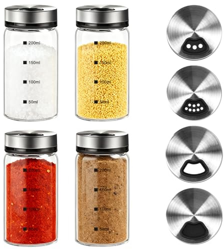Vijixka 4 Stück Gewürzgläser mit Drehdeckel 200ml Salz und Pfefferstreuer | Salzstreuer Gewürzdosen mit Gewürzlöcher Borosilikatglas Gewürzstreuer Gewürz Gläser für Küche, Grillen, BBQ und Kochen