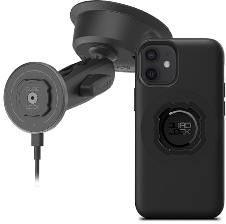 Quad Lock Soporte de teléfono de coche con ventosa resistente con funda para teléfono MAG y cabezal de carga inalámbrico MAG para iPhone 12 mini