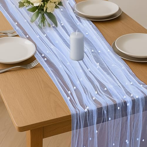 LIQWEI Tischläufer Tüll mit Perlen 75 x 300cm Perlenspitze Tischdecke Blau | Spitzen Tüllstoff Netz Tischband Tischdekoration für Hochzeit Brautparty Geburtstagsfeier Hochzeitsbogen