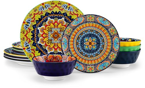 Juego de vajilla de porcelana para 4 personas, 12 piezas, juego de vajilla vancasso con platos llanos, platos de postre y cuencos, servicio de mesa boho para 4 personas, juegos de vajilla serie KRVI