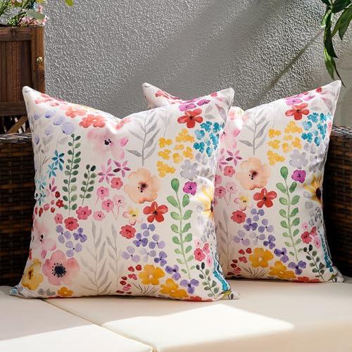 Serento Kissenbezüge 50x50 Outdoor Wetterfest 2er Set, Kissenbezüge Wasserdicht 50 x 50 cm, Fuchsiafarben mit Blumenmuster, Rosa Lila Blau Gelb Blumen Frühling Deko für Terrasse, Zelt, Garten, Sofa