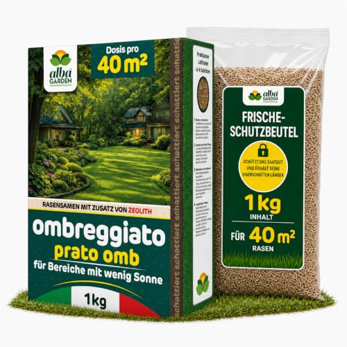 Albagarden Rasensamen Schattenrasen, 40 m², Grassamen für schattige Bereiche, Mischung aus Gräsern und Zeolith, schnelle Keimung, dichter Rasen auch unter Bäumen und Hecken