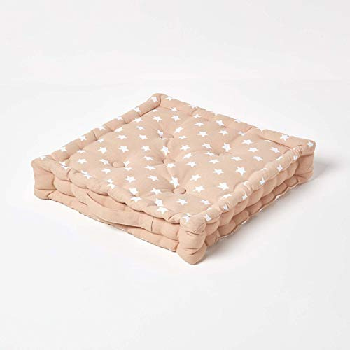 HOMESCAPES - Star Beige - 100% Cotton - Floor Cushion - Beige White - 40 x 40 x 8 cm Square - Indoor - Garden - Dining Chair Booster - Seat Pad Cushion.