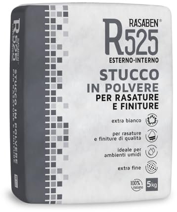 RASABEN - Stucco Bianco in Polvere R525 Extra Fine a Base di Cemento per Rasature e Finiture di Qualità, Ideale per Ambienti Umidi, per Interno ed Esterno, Made in Italy, Sacco da 5kg