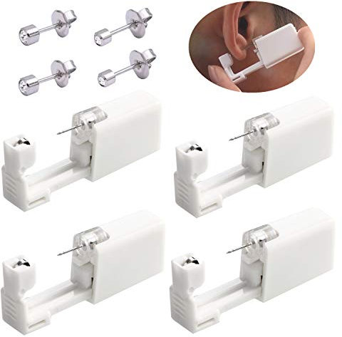 Einweg-Ohr-Piercing-Werkzeug, Sicherheitsaspse, schmerzlos, mit 4 Ohrsteckern, silberfarben, 4 Stück