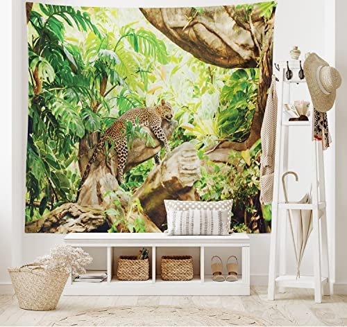 ABAKUHAUS Leopard Wandteppich, Tropisches wildes Dschungel-Blatt, Wohnzimmer Schlafzimmer Heim Seidiges Satin Wandteppich, 200 x 150 cm, Braun Grün