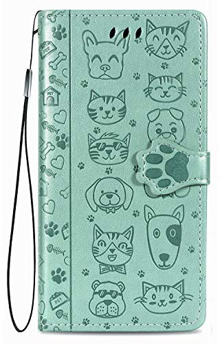 Fertuo Hülle für iPhone 12 Mini, Handyhülle Leder Flip Case Tasche mit Kartenfach, Magnet und Standfunktion [Katze Hund Muster] Schutzhülle Wallet Cover für Apple iPhone 12 Mini, Grün