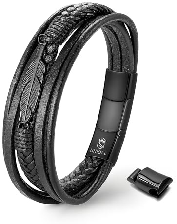 UNIQAL | Lederarmband Herren FEATHER Mens Bracelet | Edelstahl, Echtleder | Etui Box Gratis