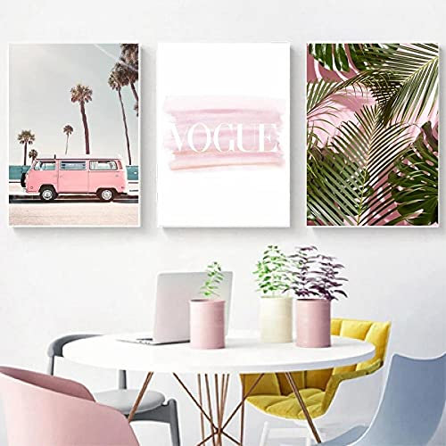 Mode Rosa Palme Leinwand Malerei Wandbilder Vogue Pink Van Vintage Poster und Drucke Wohnzimmer Home Wall Art Decor Ungerahmt-40X50cmx3