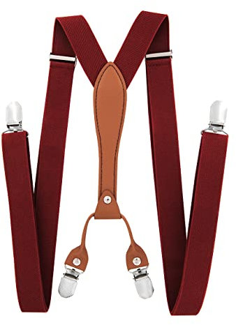 axy Herren Hosenträger breit 2,5 cm mit 4 Starken Clips X-Form und Damen PU25 (Weinrot)