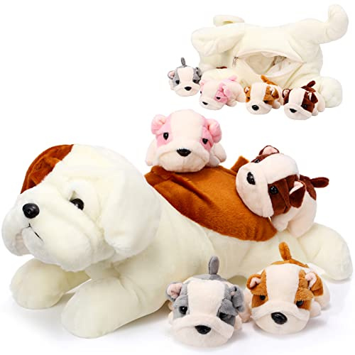 Skylety 5 Pièces Animaux Chien en Peluche 1 Grand + 4 Mini Chiens, Rigolo | Jouet en Peluche Doux et Mignon, Pour Enfants, Cadeau pour Fête et Noël, 1 Chien Maman Bouledogue, Avec 4 Bébés Chiens