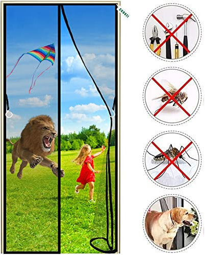 Magnet Fliegengitter Tür 180 x 220 cm Insektenschutz, Durable Fiberglass Mesh Curtain, Anti-Riss-verstärktes Oberteil, Klebemontage Ohne Bohren, Der Magnetvorhang ist Ideal für die Balkontür Schwarz