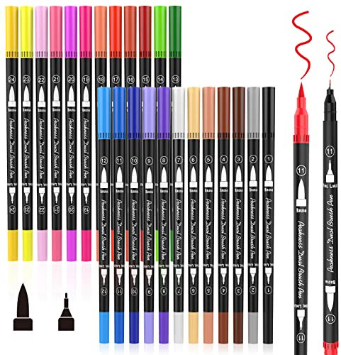 Peakness Dual Brush Pen Set, Filzstifte Set 24 Farben Aquarellstifte mit Zwei Spitzen für Bullet Journal, Handlettering, Malbücher, Kalligraphie Manga Tinte auf Wasserbasis Doppelfasermaler Stifte