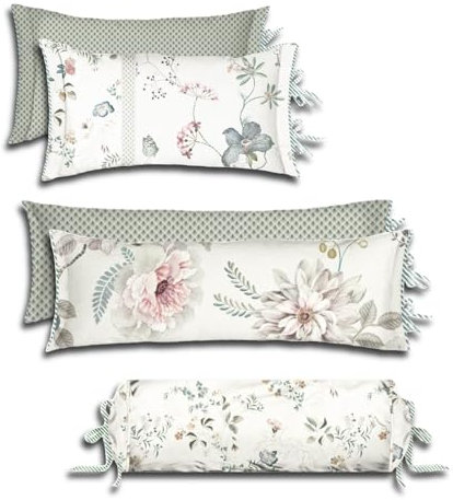 Pip Studio Dekokissen Tokyo Bouquet White Blumen Blüten Geblümt Floral Zweige Bogenmuster Weiß Grün Wendeoptik Zierkissen, Größe:35 x 60 cm