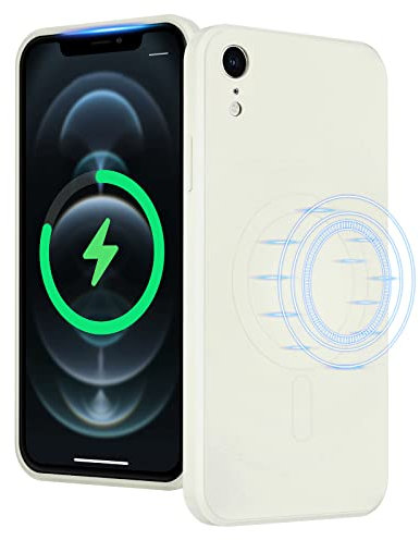 UEEBAI Liquid Silicone Wireless Charging Phone Case For iPhone XR, Built-in Magnets Compatible with MagSafe Faster Charging Slim Fit Soft Microfiber Cover - White
