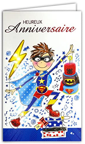 17-6036 Heureux ANNIVERSAIRE Rouge et Bleu Brillant avec PORTE-BILLET intérieur pour Petit Garçon Superhéros Superman Spider-man Batman Carte illustrée avec enveloppe blanche 12x19,5cm