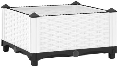 vidaXL Polypropylene Garden Planter - 40x40x23 cm White Rattan Pattern Raised Bed for Flowers, Plants, Vegetables, Herbs