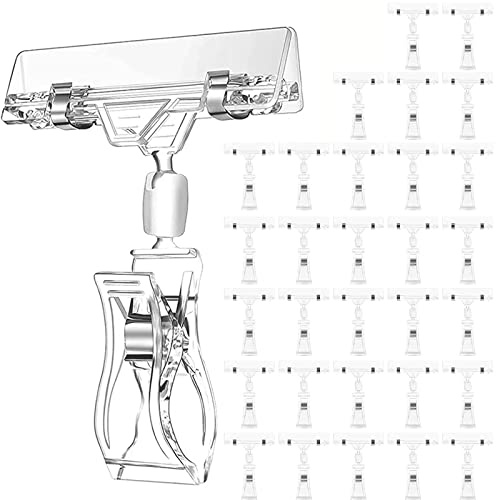 30 Pcs Label Holders Sign Clip, Plastic Clear Rotatable Sign Clips, Merchandise Sign Display Clip, Price Tag Clamp Trademark Sign Clips Price Label Display Stand for Market Home Shooping Mall