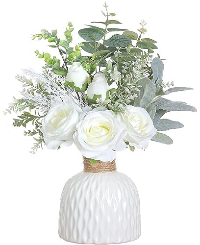 FOTEEWL Artificial Flowers with Ceramic Vase,Faux Silk Roses and Fake Plant Eucalyptus in Vase for Centerpiece Table Decorations, Living Room,Dining Table,Fireplace,Office,Farmhouse,Home Decor(White)