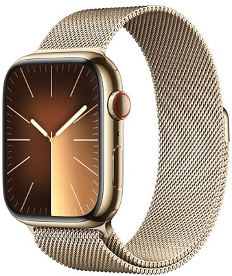 Apple Watch Series 9 GPS + Cellular 45mm Smartwatch con cassa in acciaio inossidabile color oro e Loop in maglia milanese color oro. Fitness tracker, app Livelli O₂, display Retina always-on